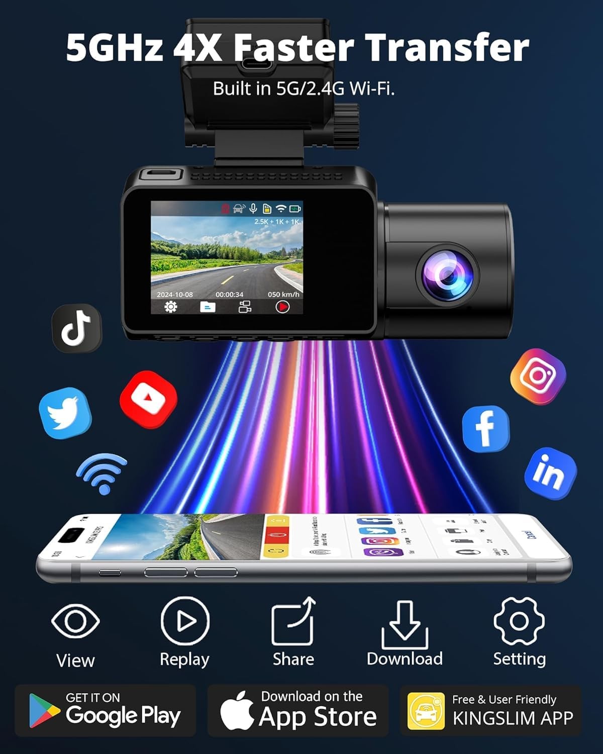 3 Channel 5G WiFi Dash Cam with 64GB Card, 2.5K/1080P Front and Rear Inside D…
