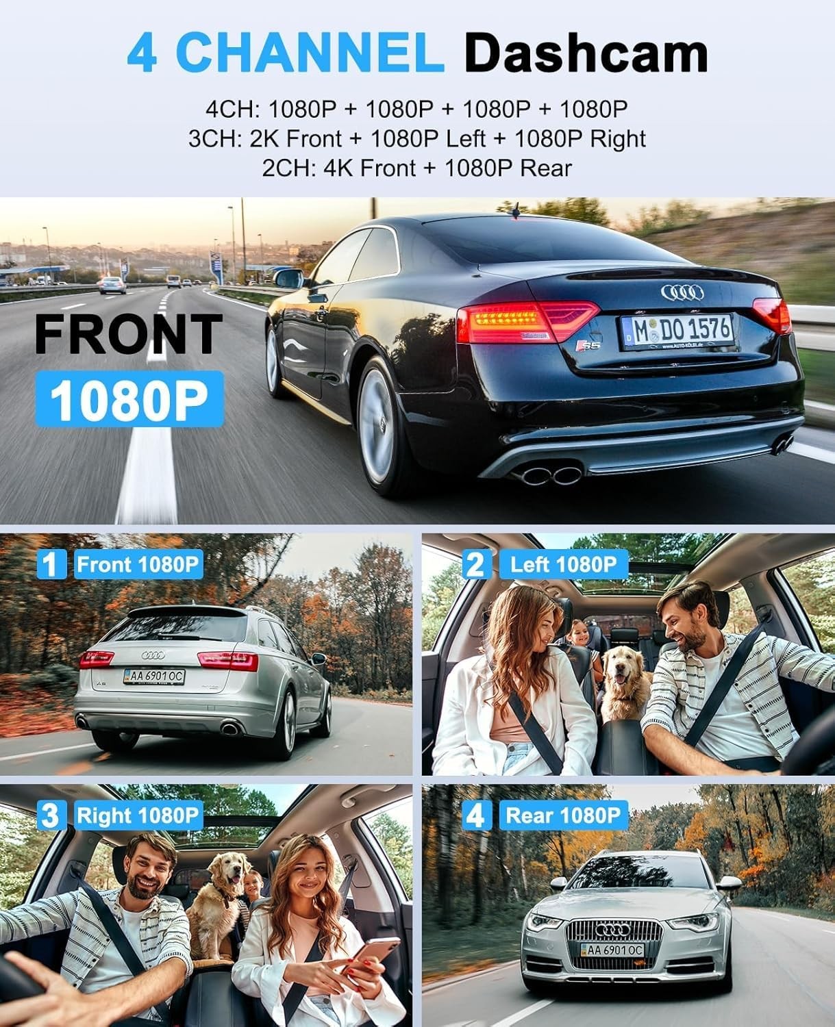 Dash Cam 4K 360° Front Rear DashCam 128G Wi-Fi GPS 3.18” IPS WDR Night Vision