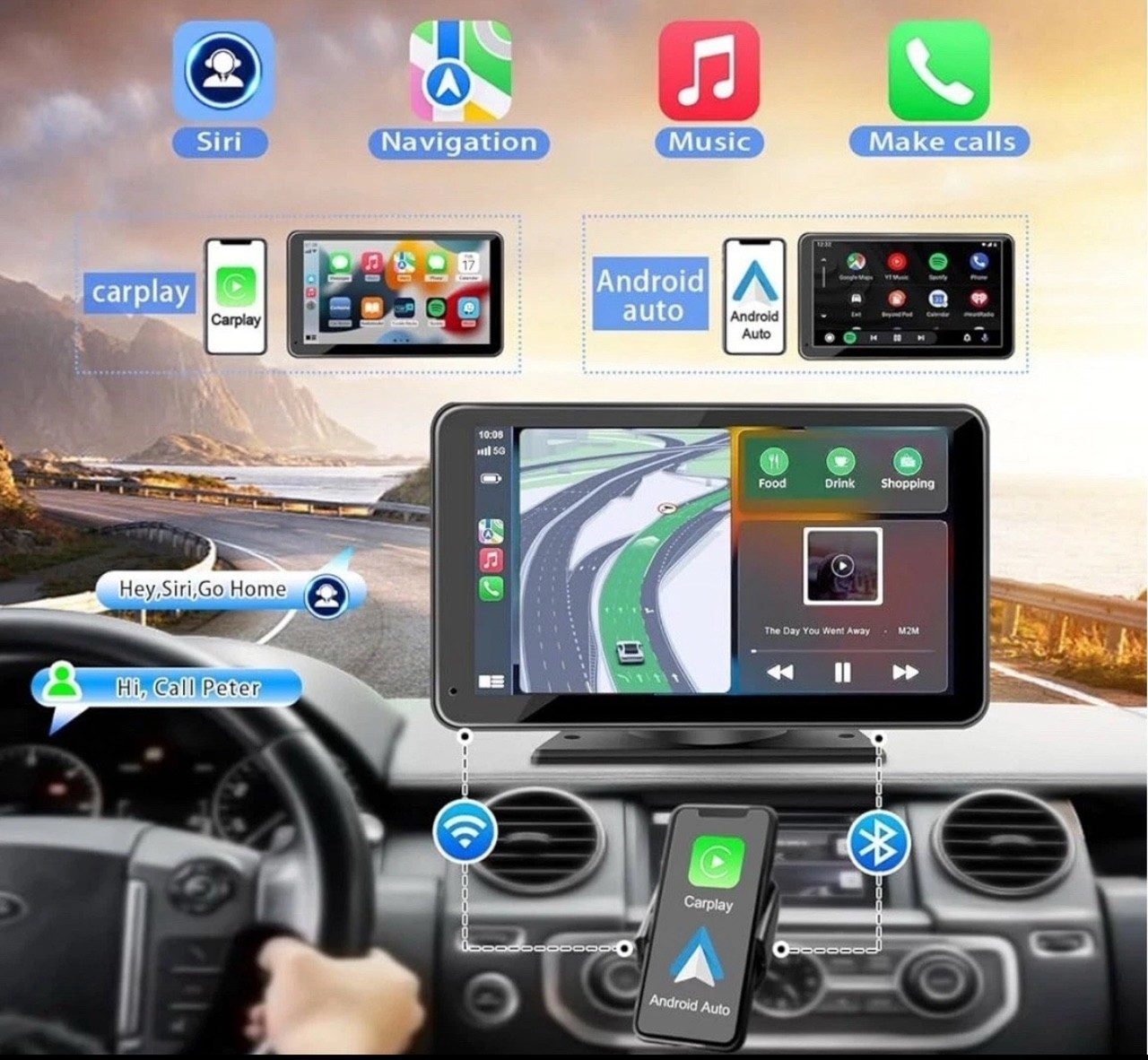 9″ Wireless 2ch dash cam Portable back up camera RV truck CarPlay Android Auto B