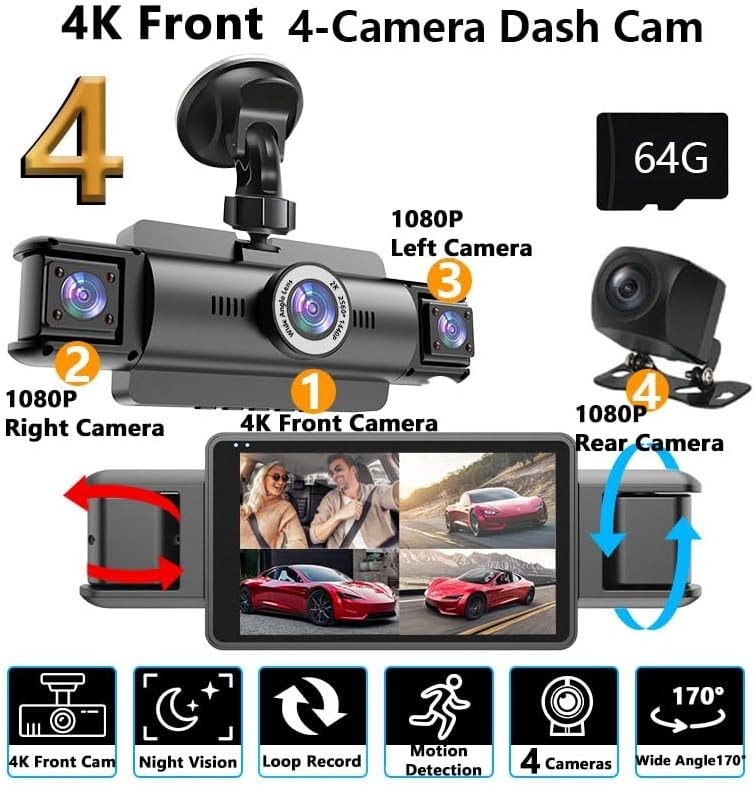 4 Channel 4K Dash Cam Front and Rear Inside, 360° View 1080P Dash Camera for Car