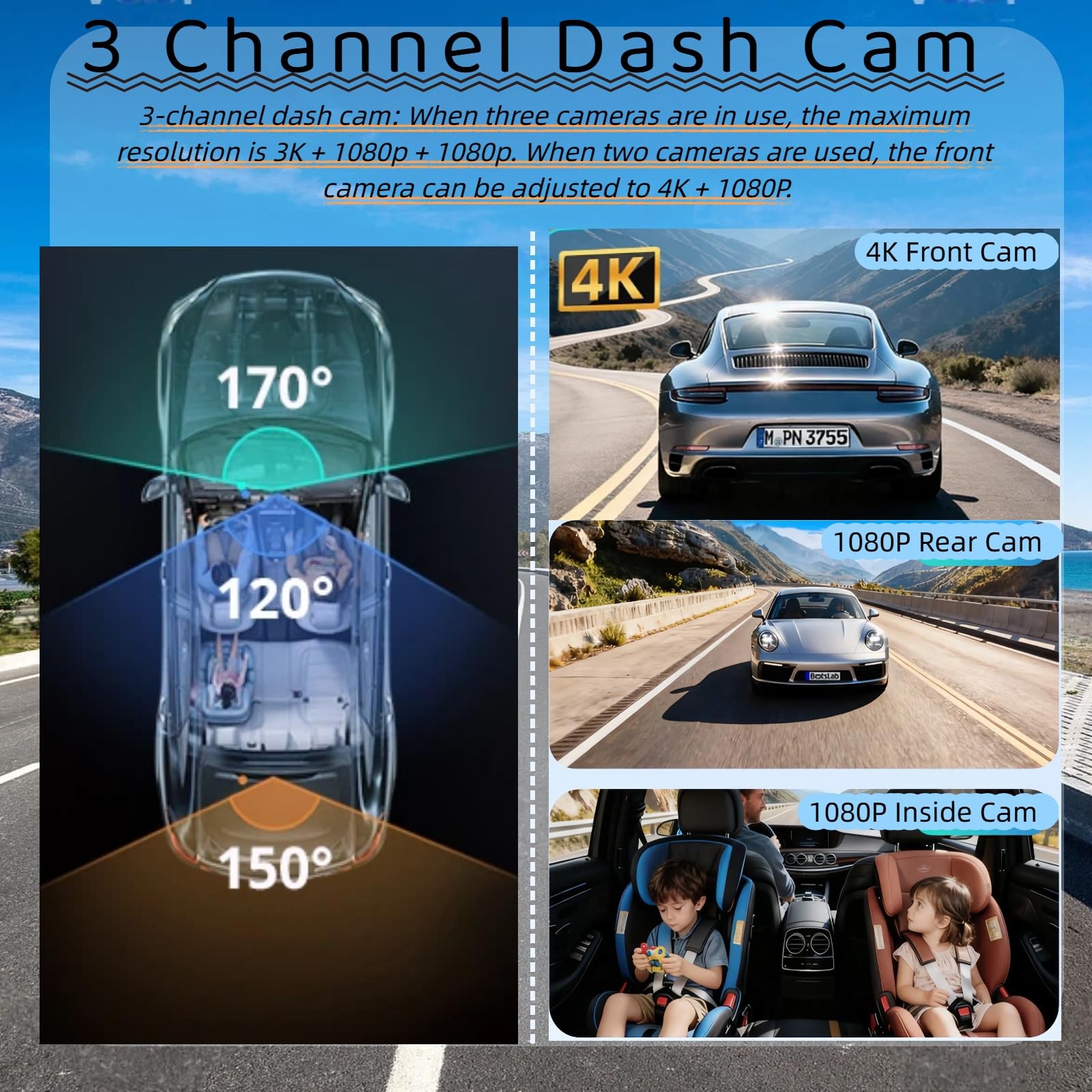 3 Channel Mirror Dash Cam, 12″ Triple Rear View Mirror with Front 4K, Inside …