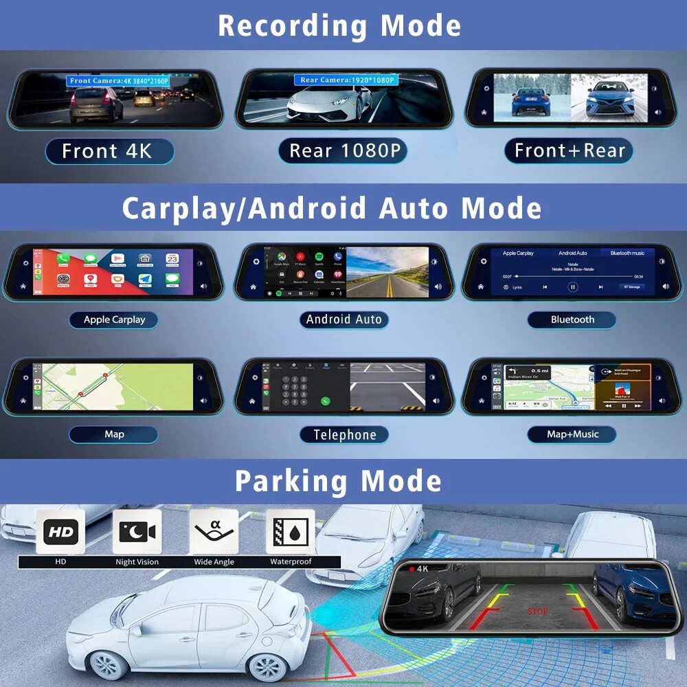 4K Front Rear View Mirror Dash Cam 10 Inch IPS Touch Screen Carplay UHD Car DVR
