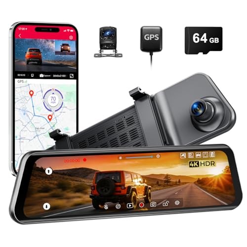12″ Mirror Dash Cam, 4K UHD Front and 2.5K Rear View Dash Camera for LD4K: 64G