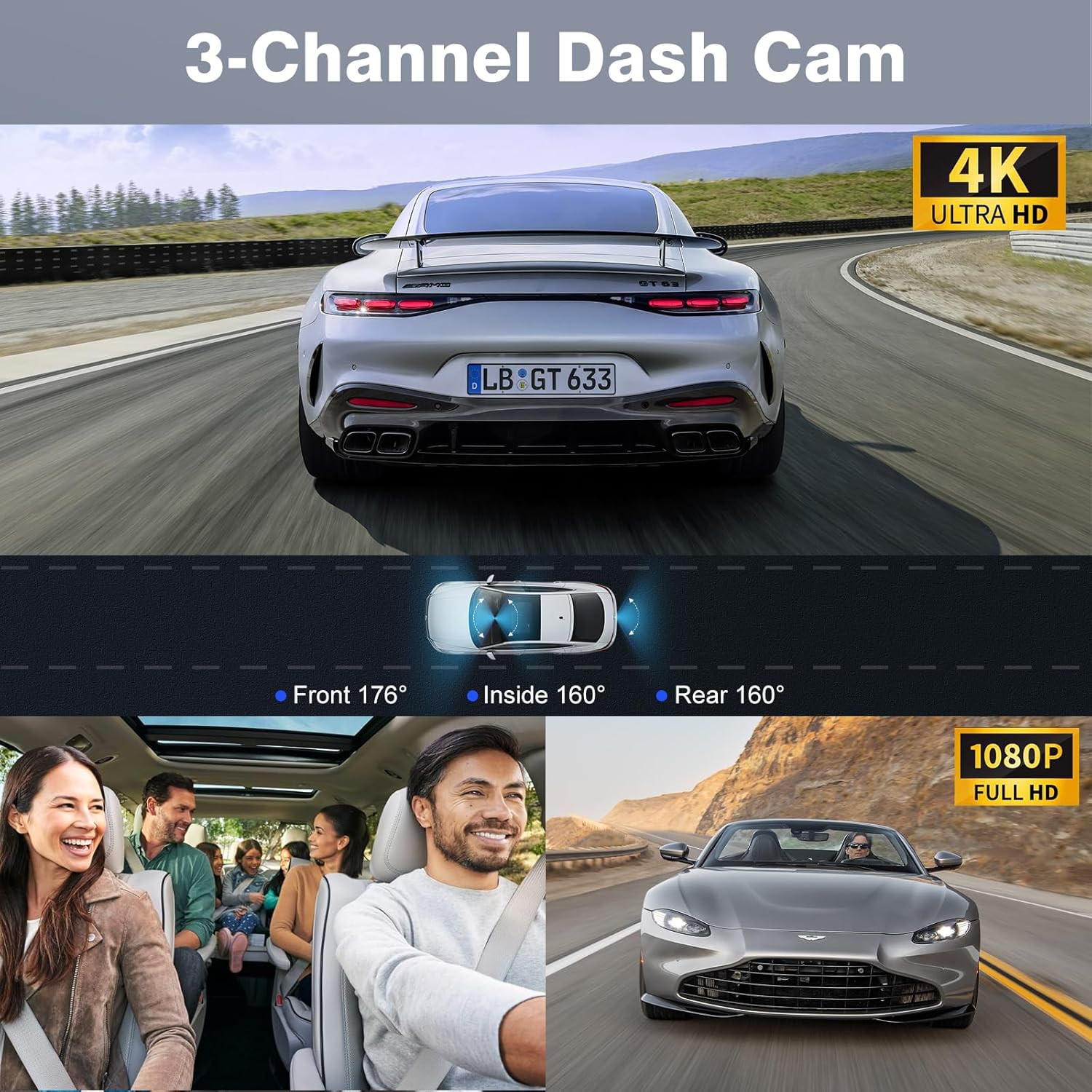 4K+1080P+1080P 5.8Ghz Wifi Dash Cam Front and Rear Inside, Free 64G SD Card, 4K