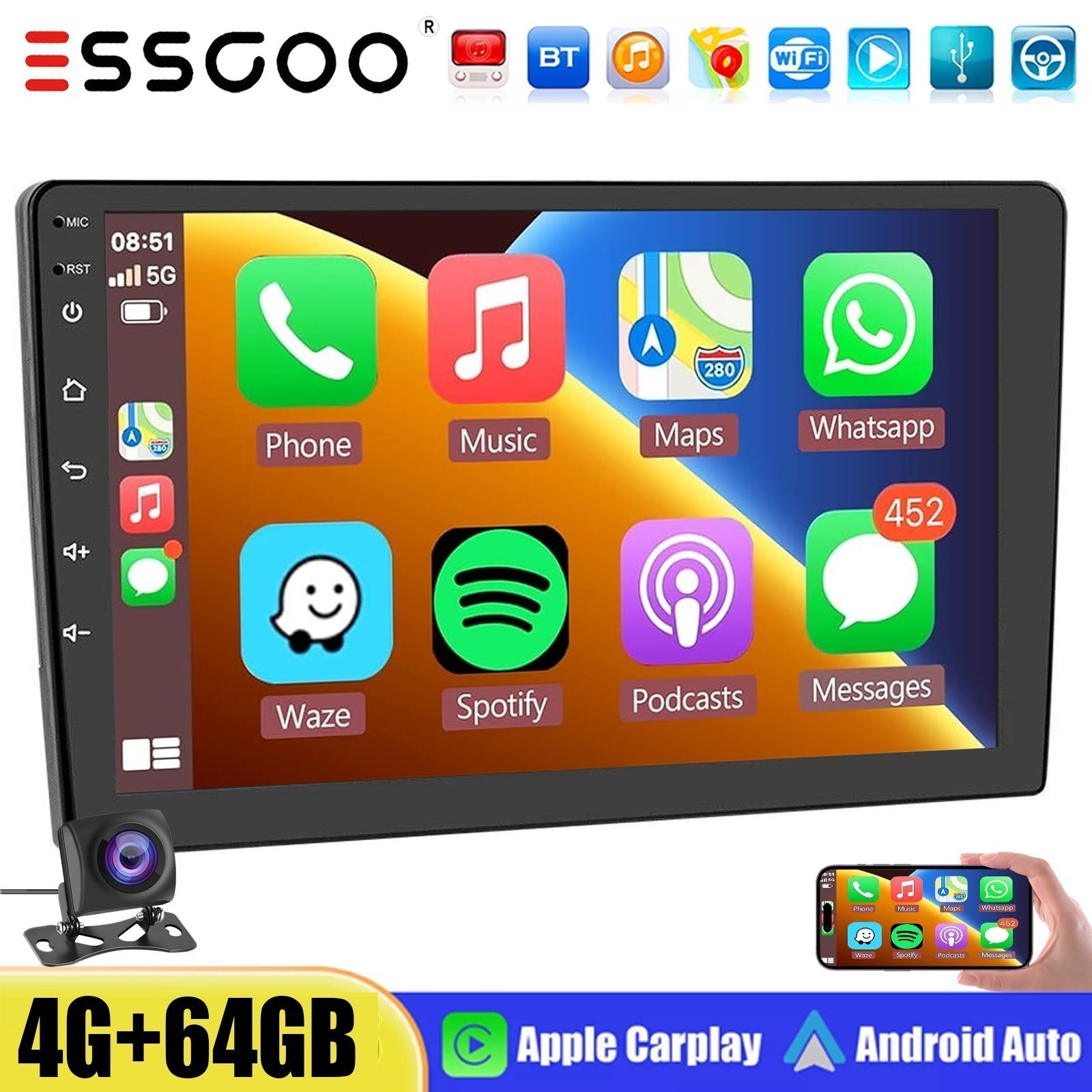 4+64G 9″ Double DIN Android 14 Wireless CarPlay Car Stereo Radio GPS Navi Camera