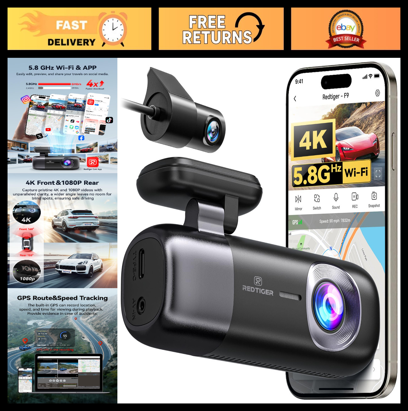 4K Dual Dash Cam Front & Rear, 1080P, WiFi GPS, Night Vision, Loop Recording, Pa