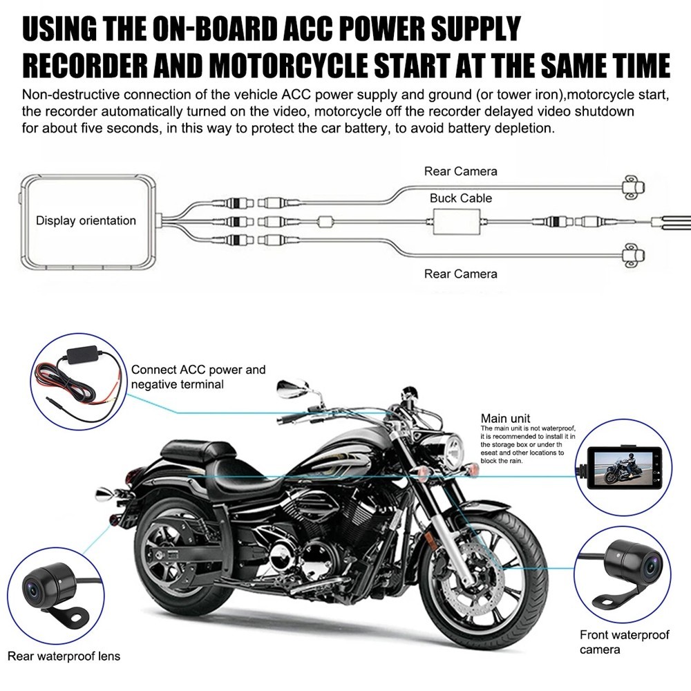 Motorcycle Dash Cam 2.8 inch HD 1080P Motorcycle Front and Rear Dual-Lens Camera