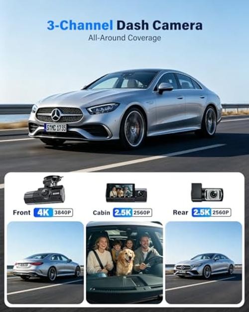 3 Channel Dash Cam Front and Rear Inside-4K+2.5K+2.5K, 4K Dash Cam, Free Pitch