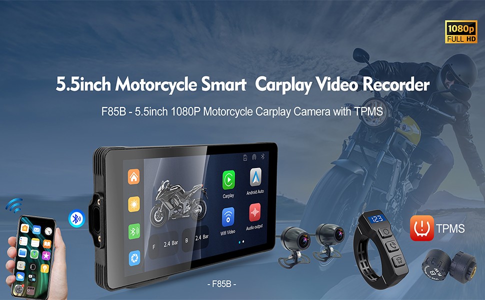 5.5″ Wireless CarPlay Android Motor Navigation Motorcycle GPS 2X Cam/TPMS IP67