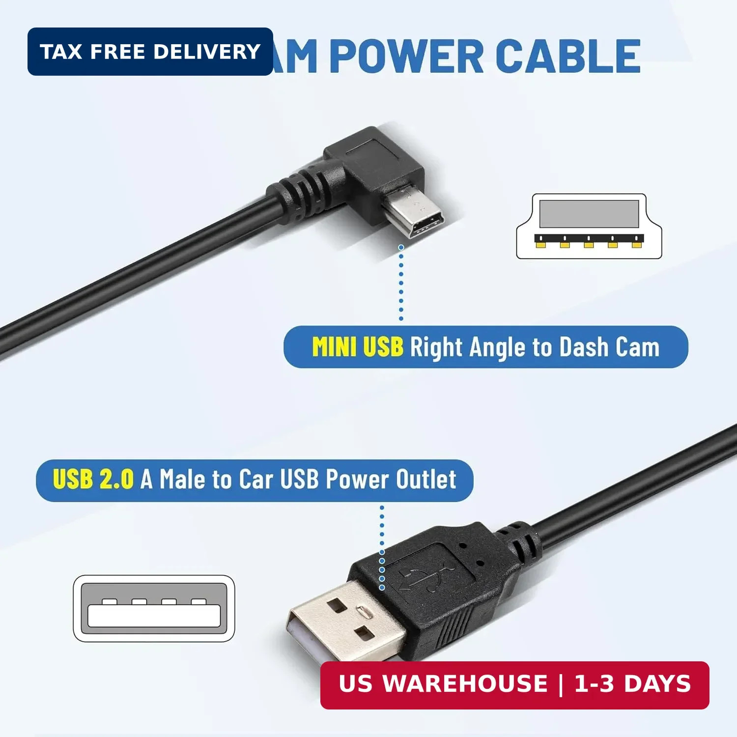 EWAY Mini USB Dash Cam Power Cable 13ft, for Rexing V1 Pro V5 V3 Byakov S6 Rove