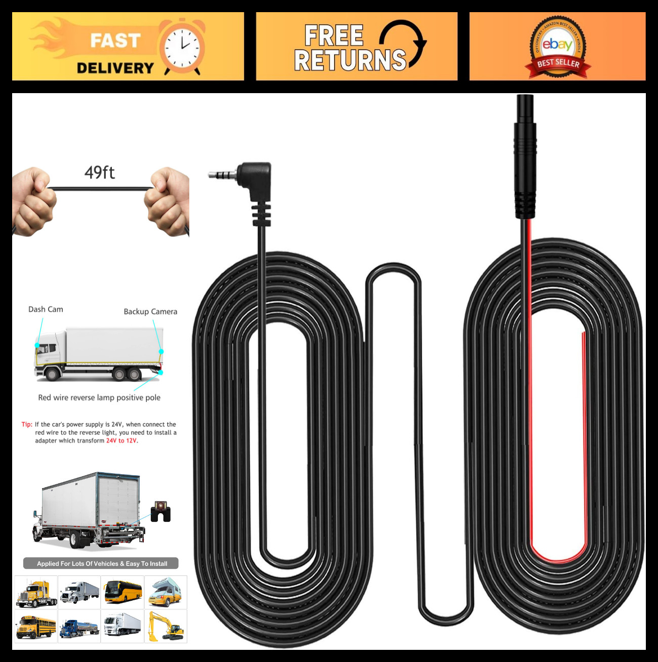 49ft 4-Pin Dash Cam Cable, 2.5mm Male to Backup Camera Cord, Ultra Long Reverse