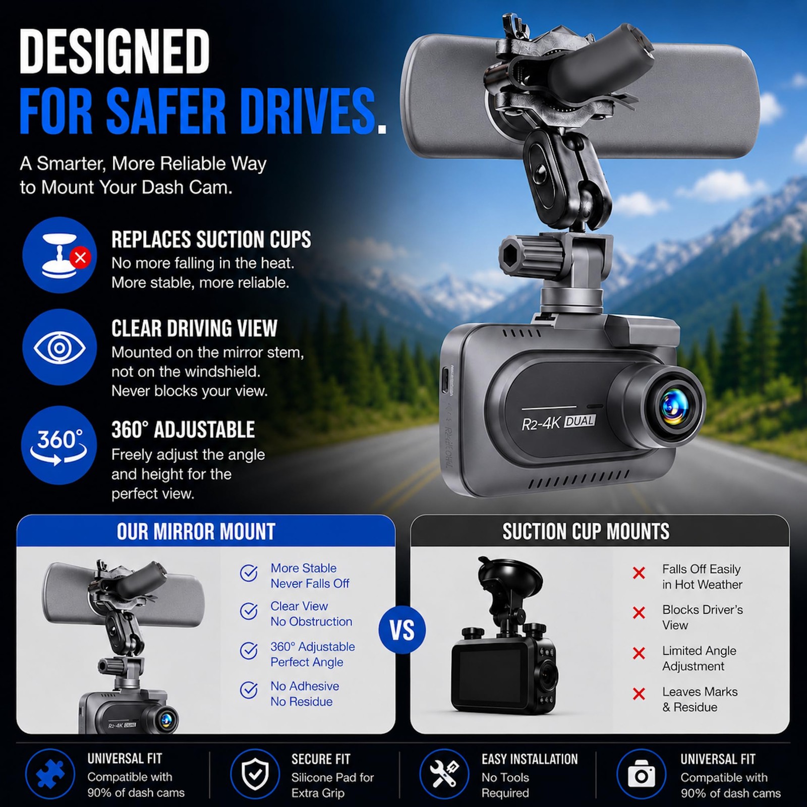 Dash Cam Mount Replacement Holder, Fits Rove r24k and Other Dash Cams