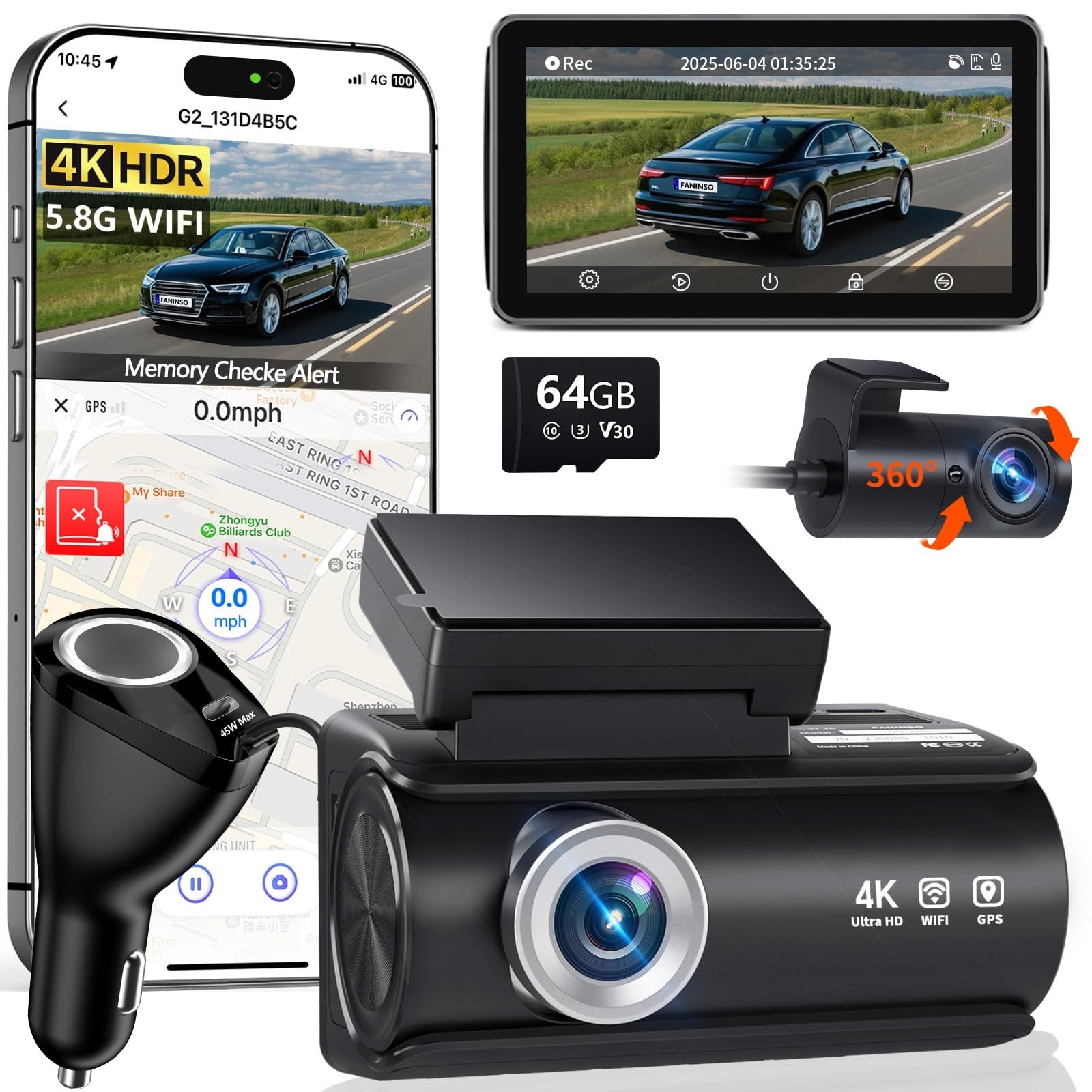 4K Dual Dash Cam Front & Rear, 64GB Card, WiFi GPS, Night Vision, 3″ Screen