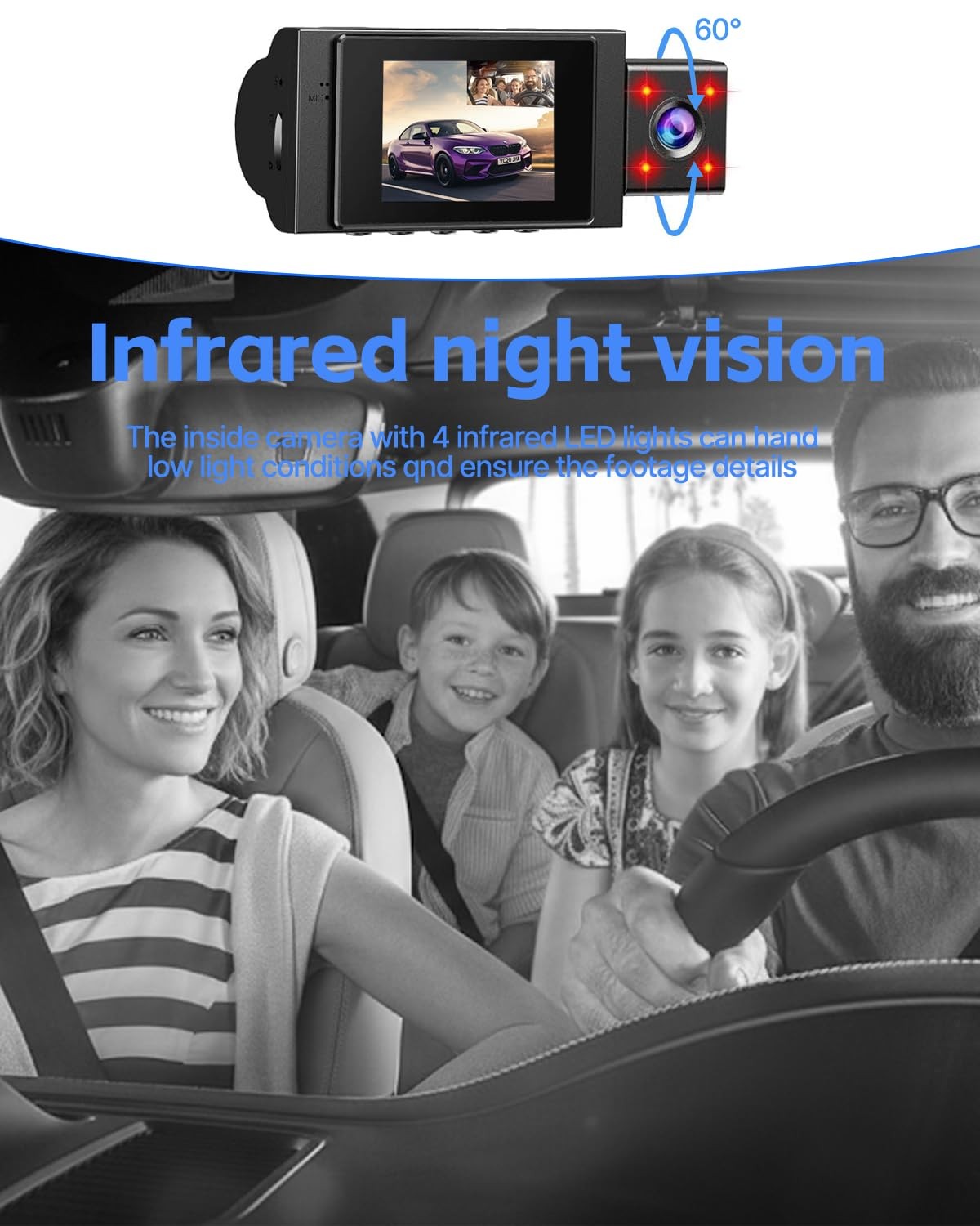 3 Channel Dash Cam Front and Rear Inside with 64GB SD Card, 1080P+720P+720P C…