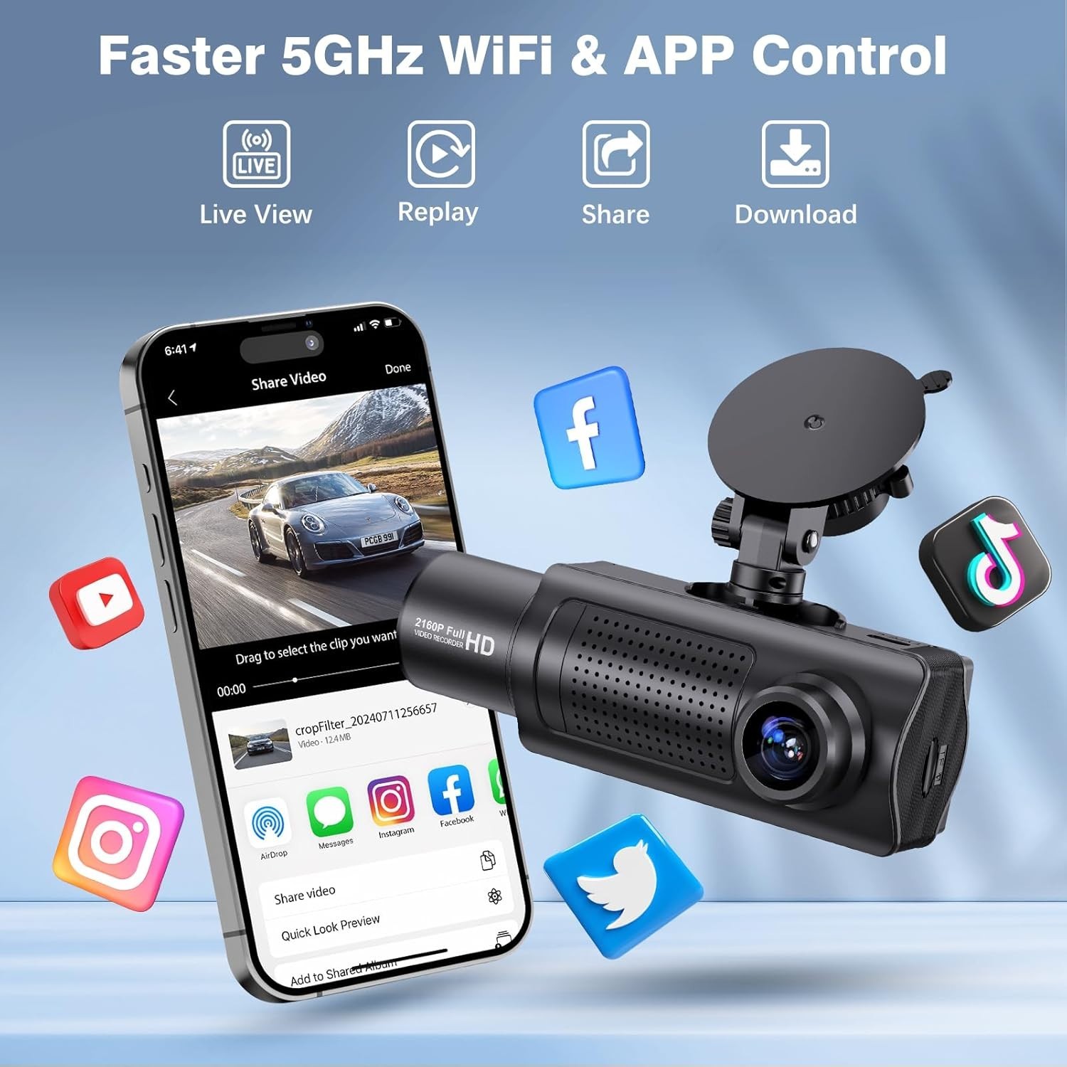 X5 4K WiFi Dash Cam Front and Rear Inside, 2160P+1080P+1080P FHD 3 Channel Da…