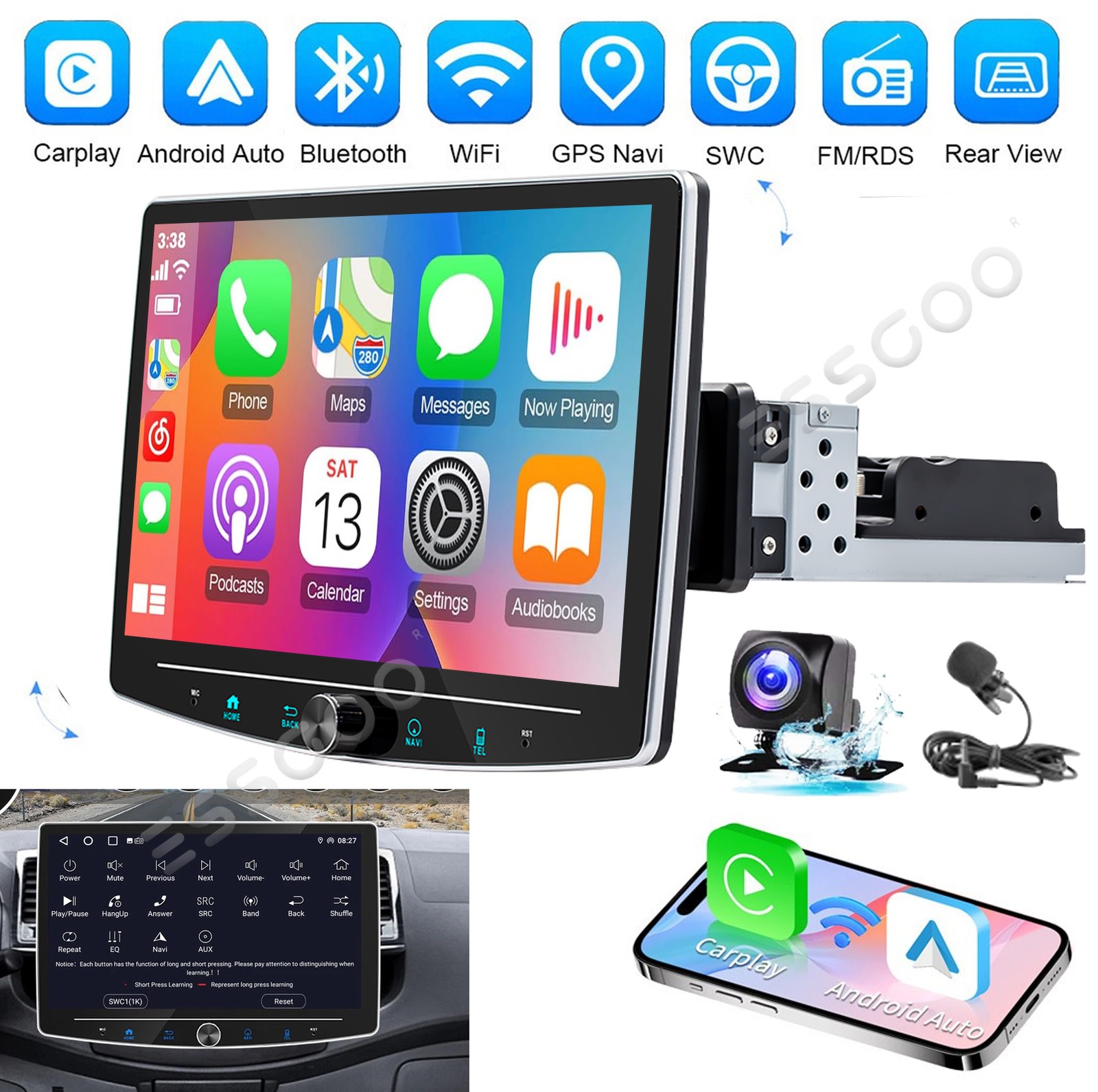 Touch Screen Rotatable 10.1″ Android15 Car Stereo Radio Single 1DIN GPS Wifi CAM