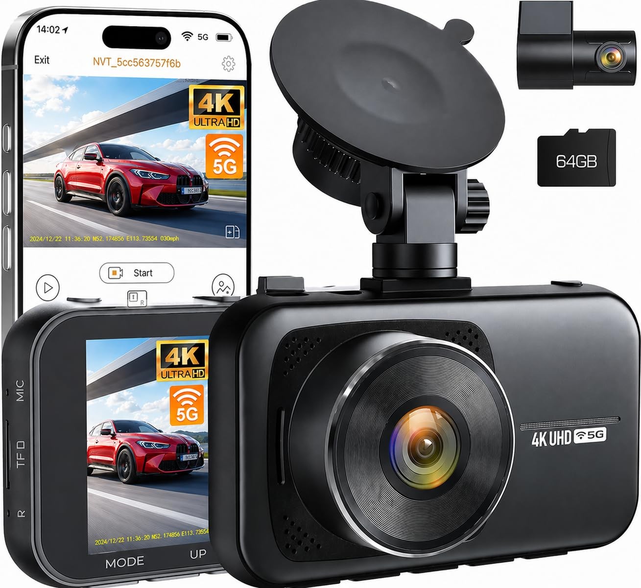 4K Dash Cam Front and Rear with 64GB Card, 5G WiFi & App Control