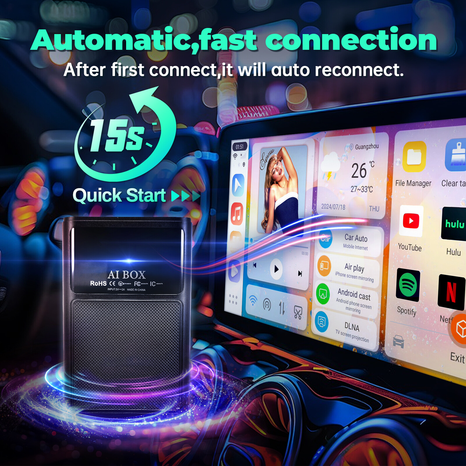 Wireless Carplay AI box Android Auto Adapter Converter w/Netflix YouTube WIFI
