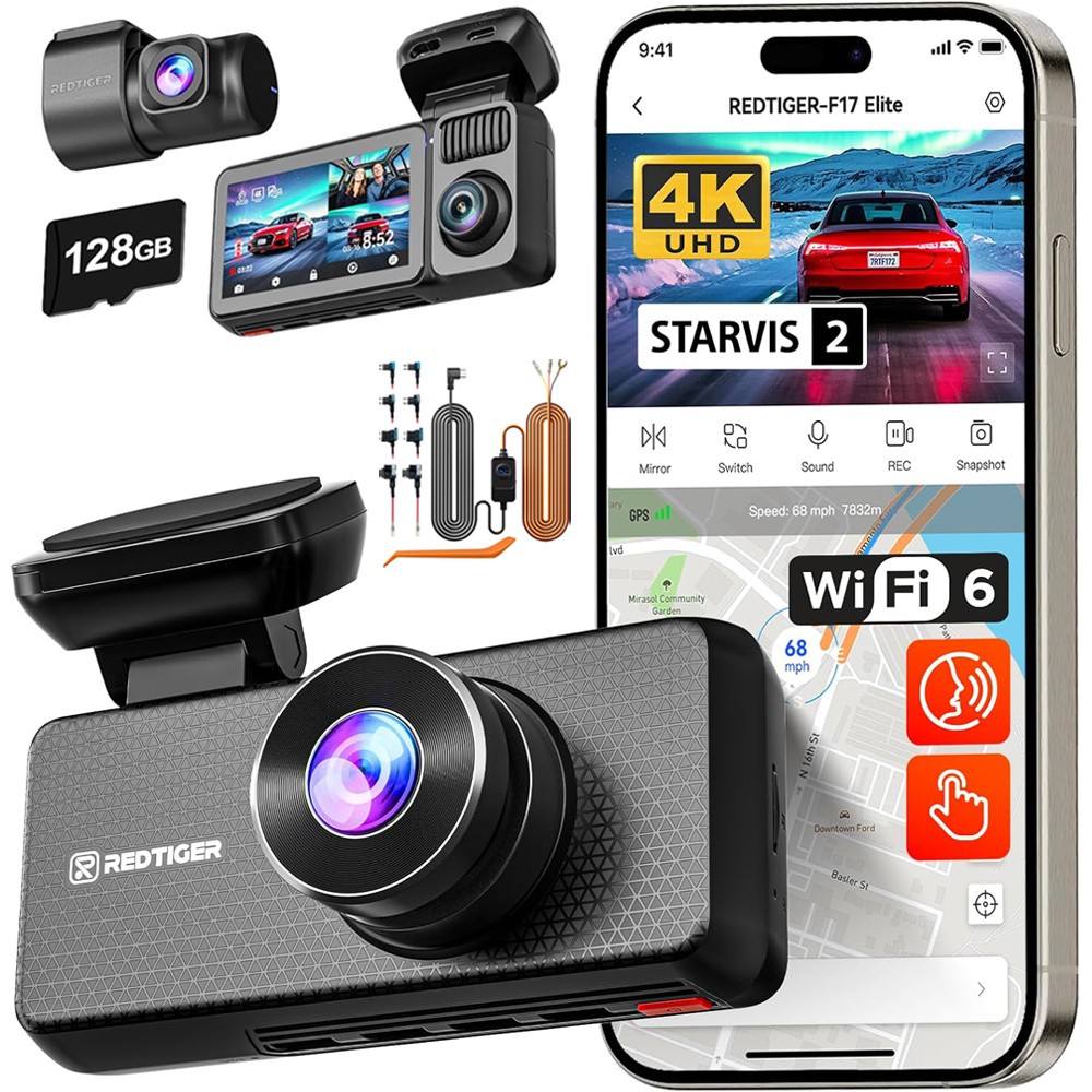 REDTIGER F17 Elite 3 Channel Dash Cam 4K+2.5K+1080P,Hardwire Kit,128GB Card,GPS