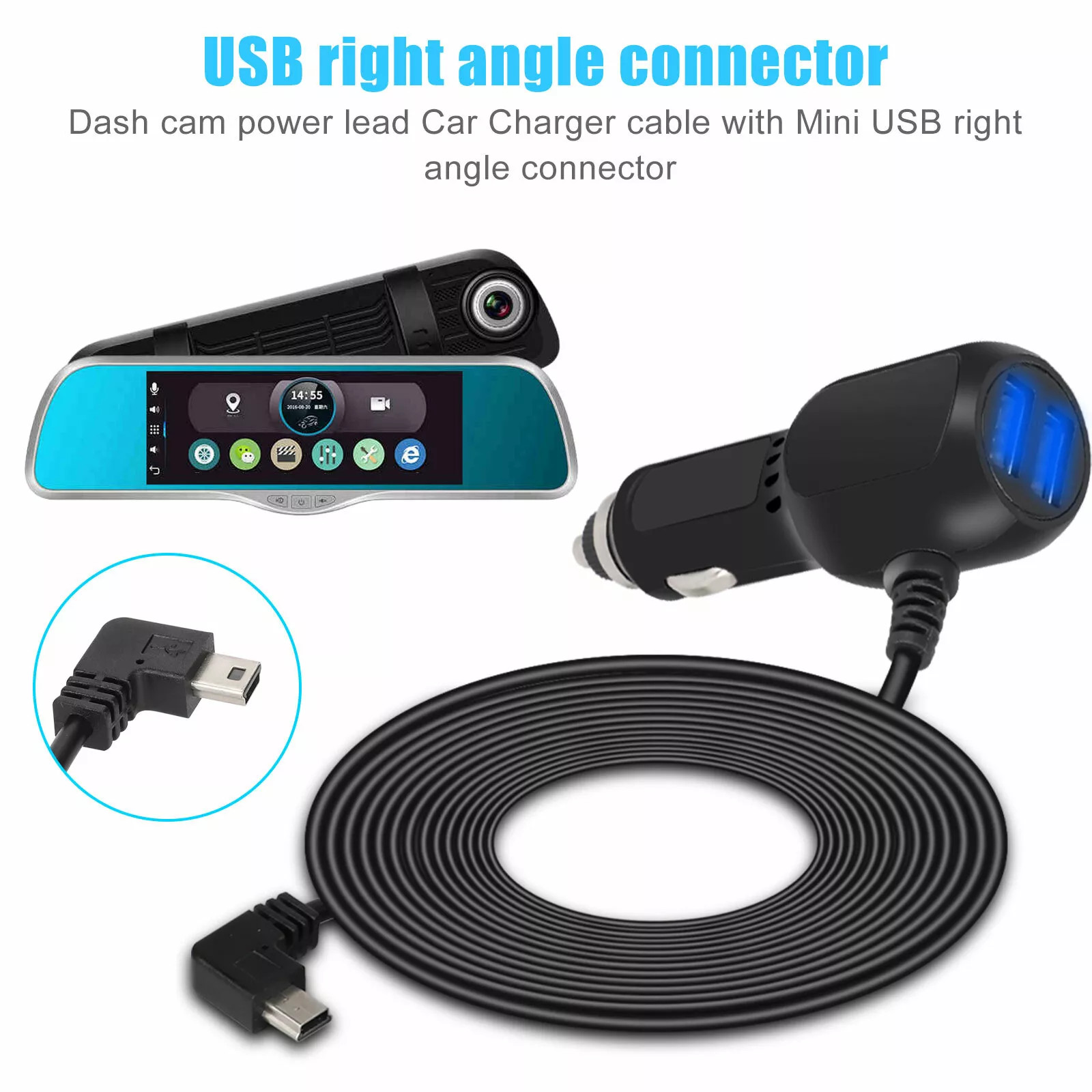 Mini USB Dash Cam Car Charger Cable Power Cord Supply for DVR Camera GPS