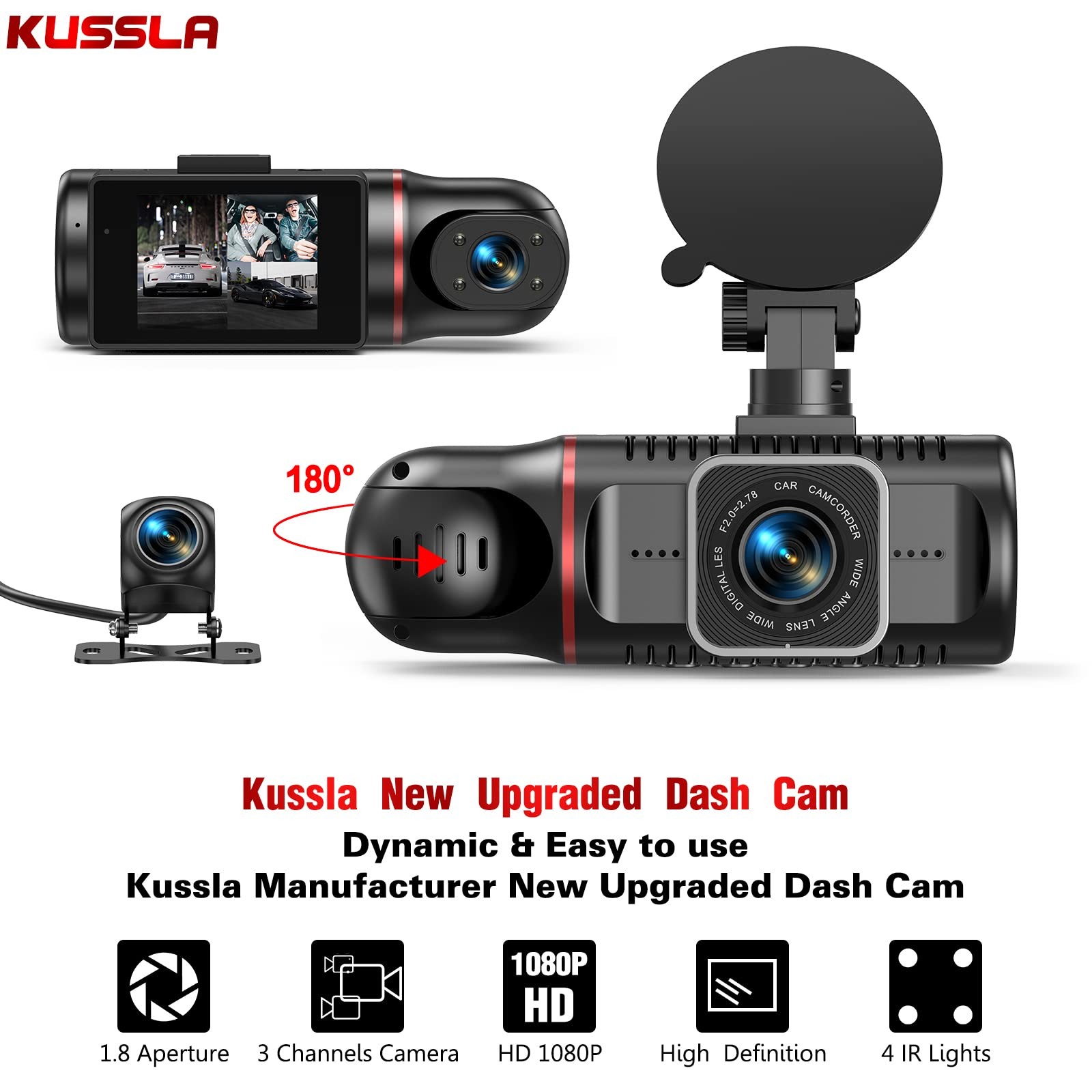 Dash Cam Front and Rear Inside, 1080P 3 Channel Dash Camera for Cars with 64G…
