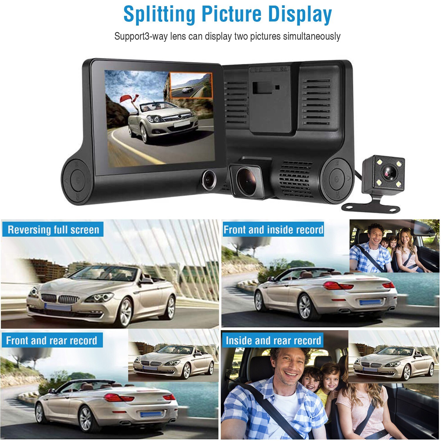 4 inch Car DVR 3 Lens Dash Cam Front / G-sensor Rear Video Recorder Camera 1080P