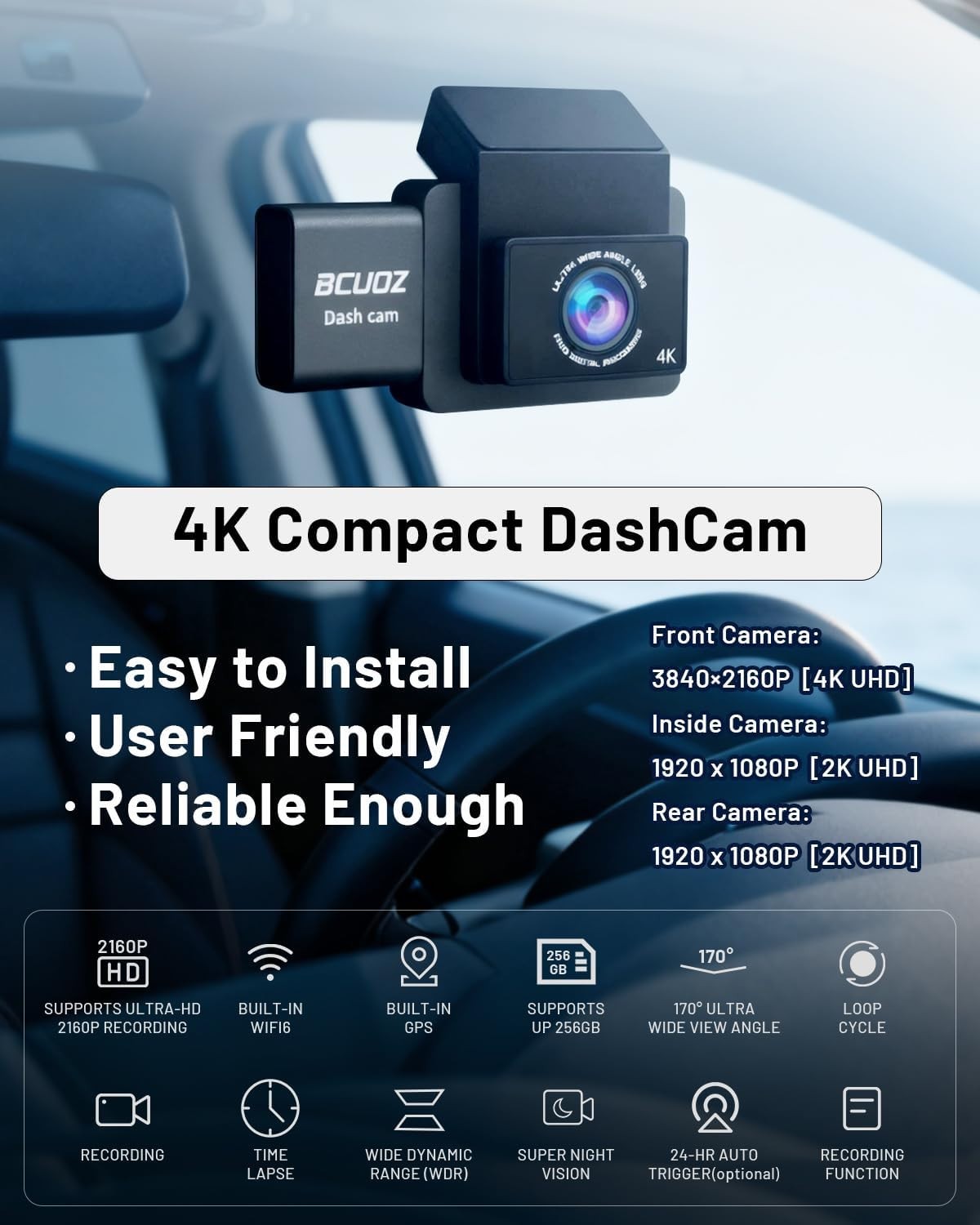 4K 3 Channel Dash Cam, 64GB Card, Full Night Color, 4K+2.5K+1080P Wi-Fi S502
