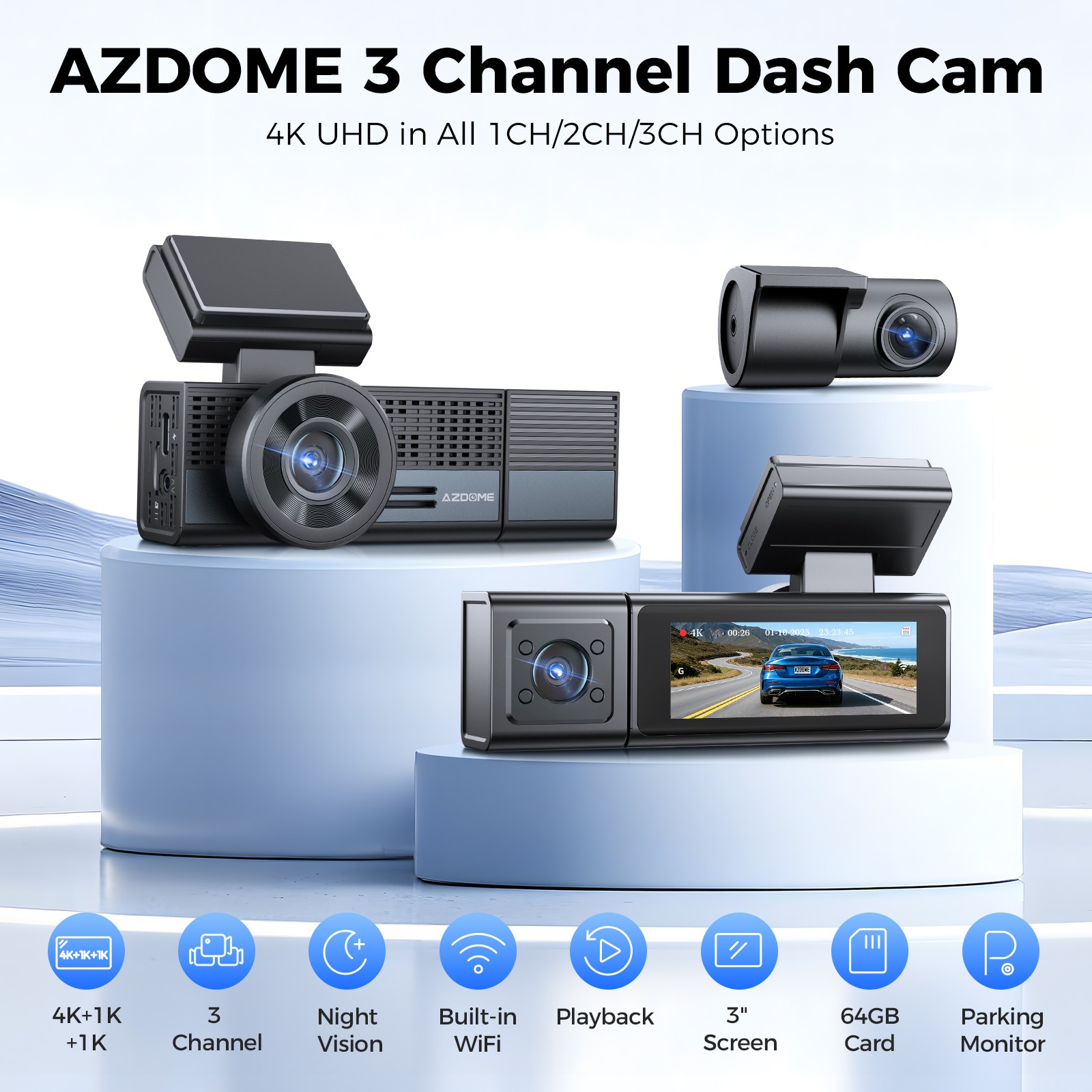 AZDOME 3 Channel Dash Cam 4K WiFi 24H Parking Mode Front&Cabin&Rear 64GB TF Card