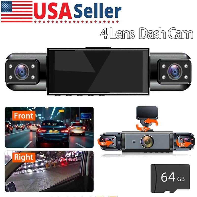 4 Channel Dash Cam Recorder 360° Car Camera DVR Vehicle Video G-Sensor with 64GB