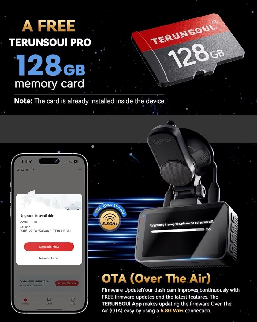 Terunsoul Dash 4K Cam Front and Rear 128GB Card Included, 5.8 GHz WiFi Dash D016