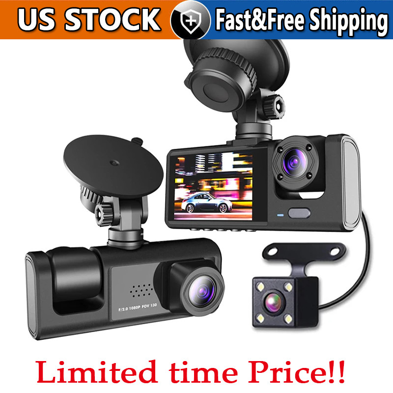 Car Dual Lens Dash Cam HD 1080P Front/Rear/Inside Video Recorder Camera G-Sensor
