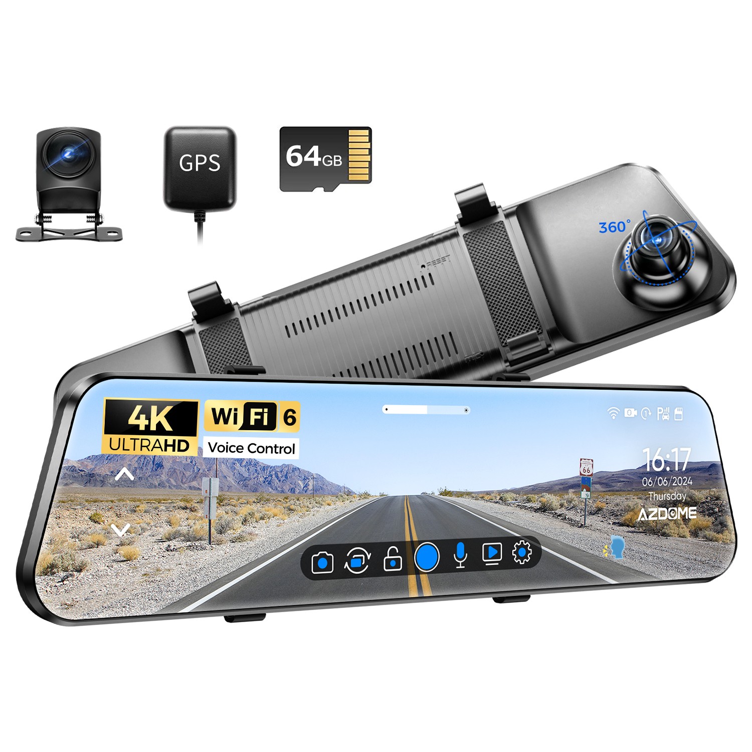 AZDOME 4K 12″Rearview Mirror Dash Cam WiFi GPS Front Rear Car Camera 64G SD Card