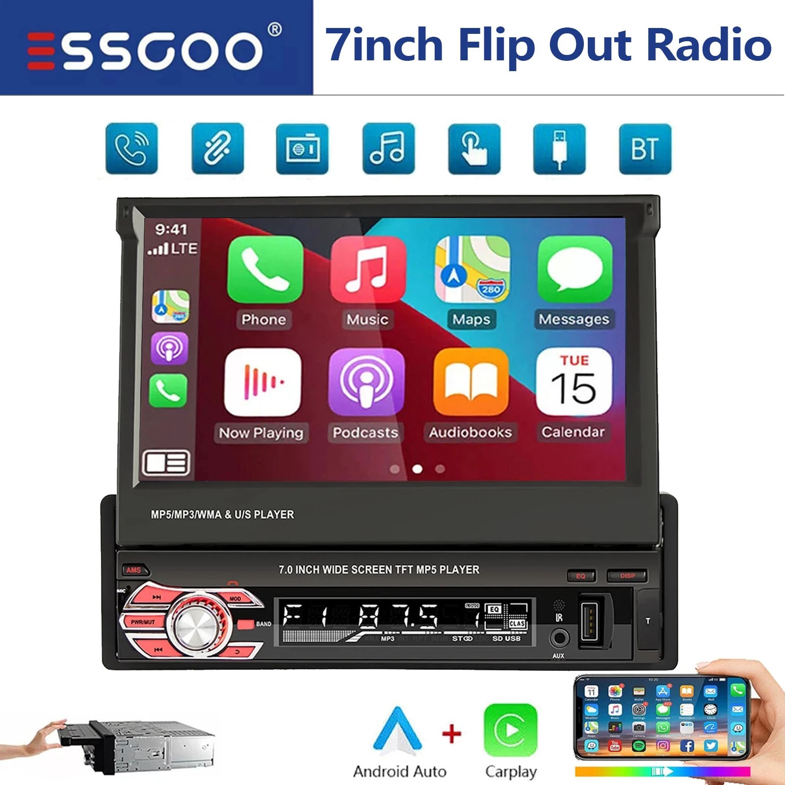 Single DIN 7″ Apple CarPlay Android Auto Car Stereo Radio Flip Out HD Screen FM