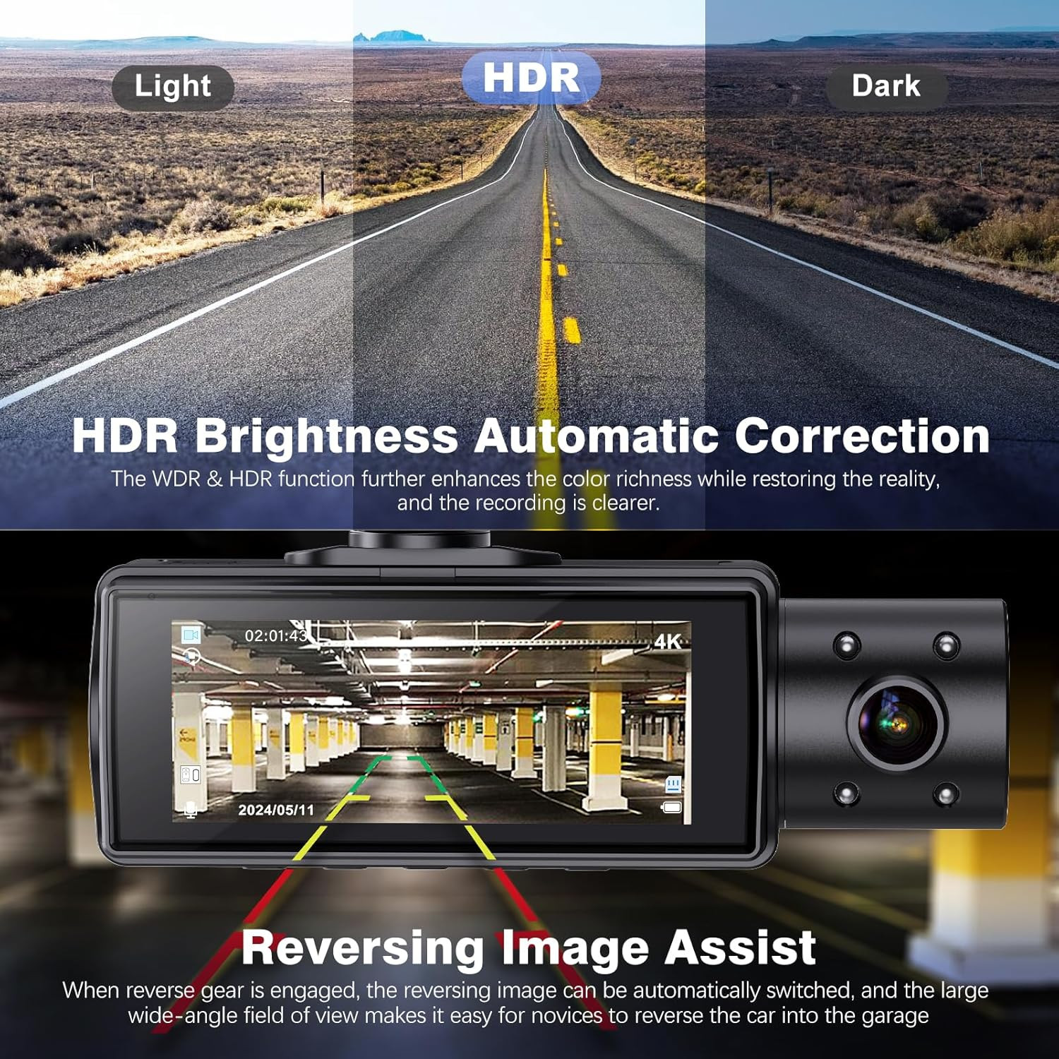 4K+1080P+1080P 5.8GHz WiFi Dash Cam Front and Rear Inside, Free 64G SD Card, 4K