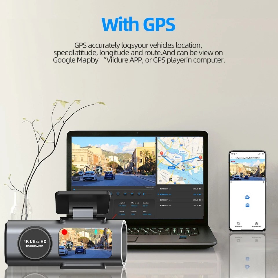 4K UHD Dash Cam Car DVR Camera WiFi GPS Night Vision 24H Parking Video Recorder