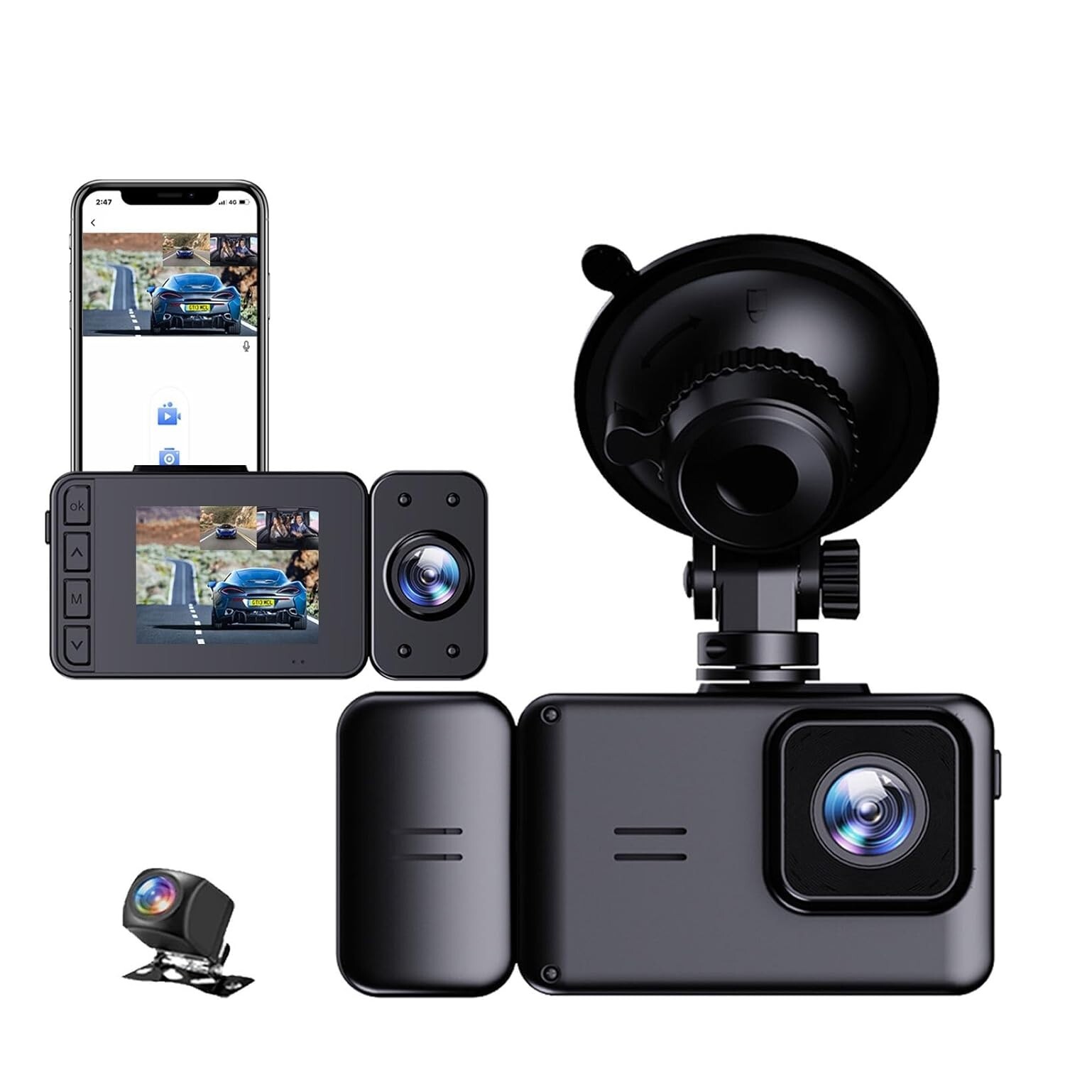 AUSHA 3 Channel Dash Cam for Cars with 2.5K Video | WiFi | Night Vision | G-Sens