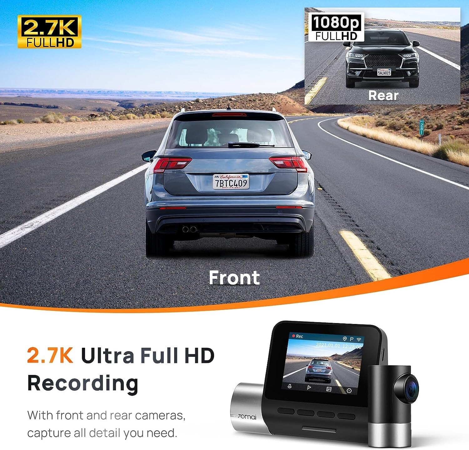 70mai True 2.7K 1944P Ultra Full HD Dash Cam A500S, Front and Rear