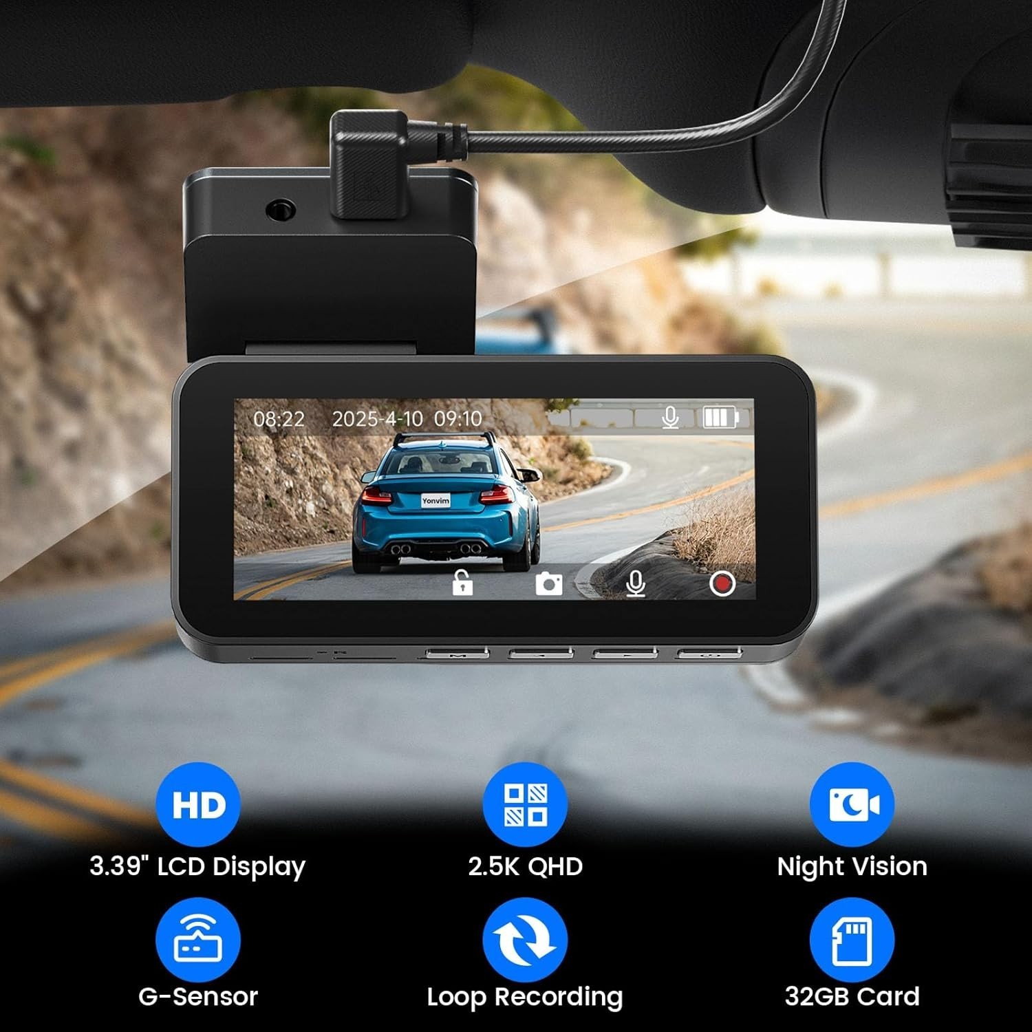 Dash Camera for Cars 2.5K with 3.39 Inch IPS Screen & 32GB Card