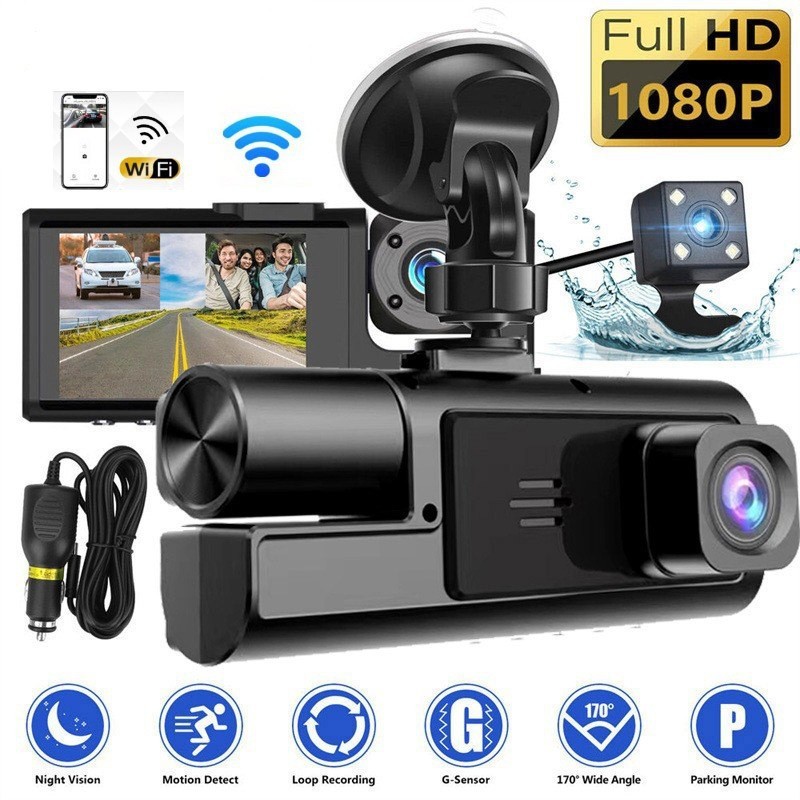 WiFi 3‑Channel Dash Cam 1080P Car DVR Front Inside Rear Camera Night Vision