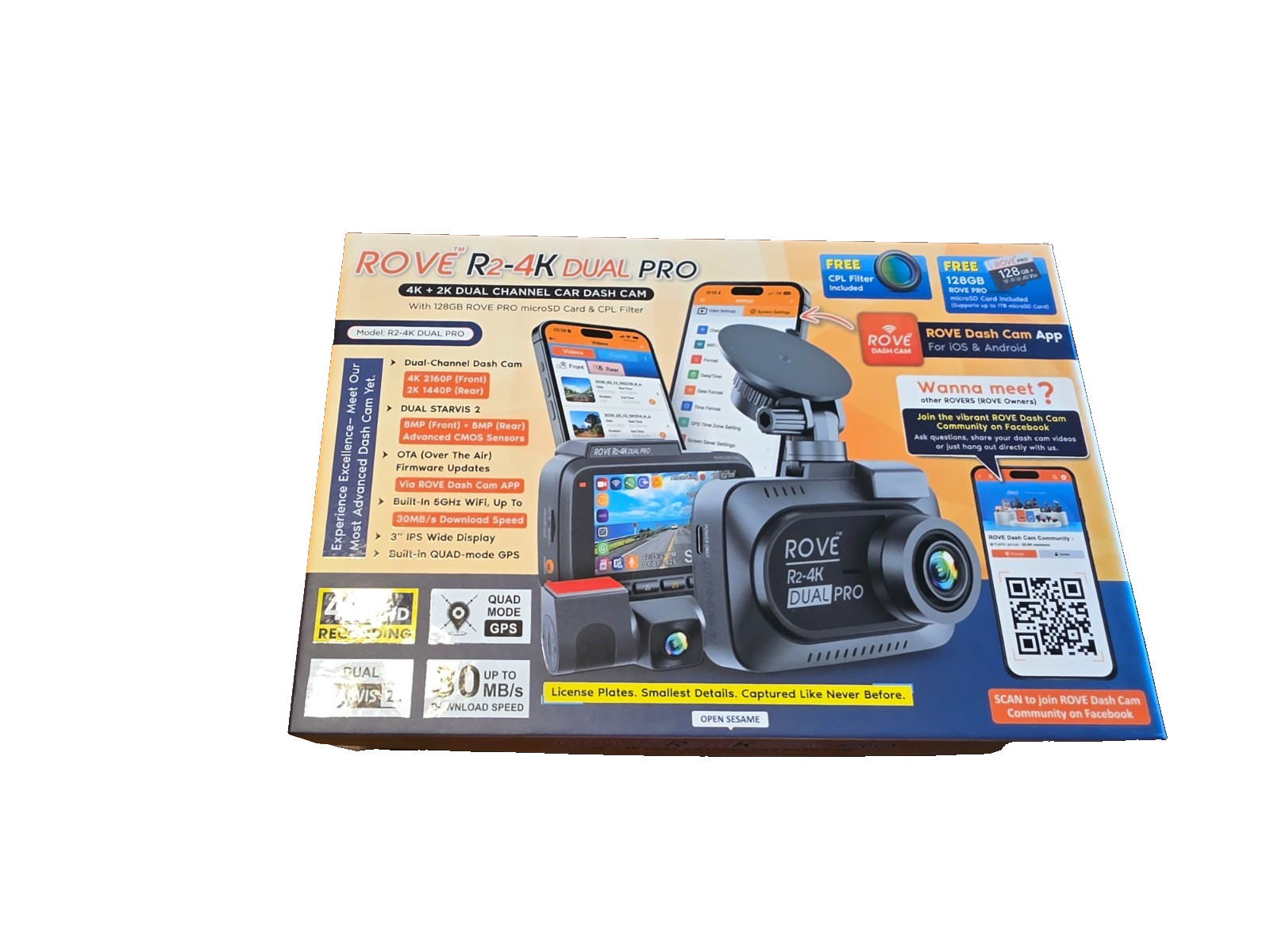 ROVE R2-4K Dual Pro Dash Cam + Hardwire Kit Complete w/ 128GB, and Rear camera