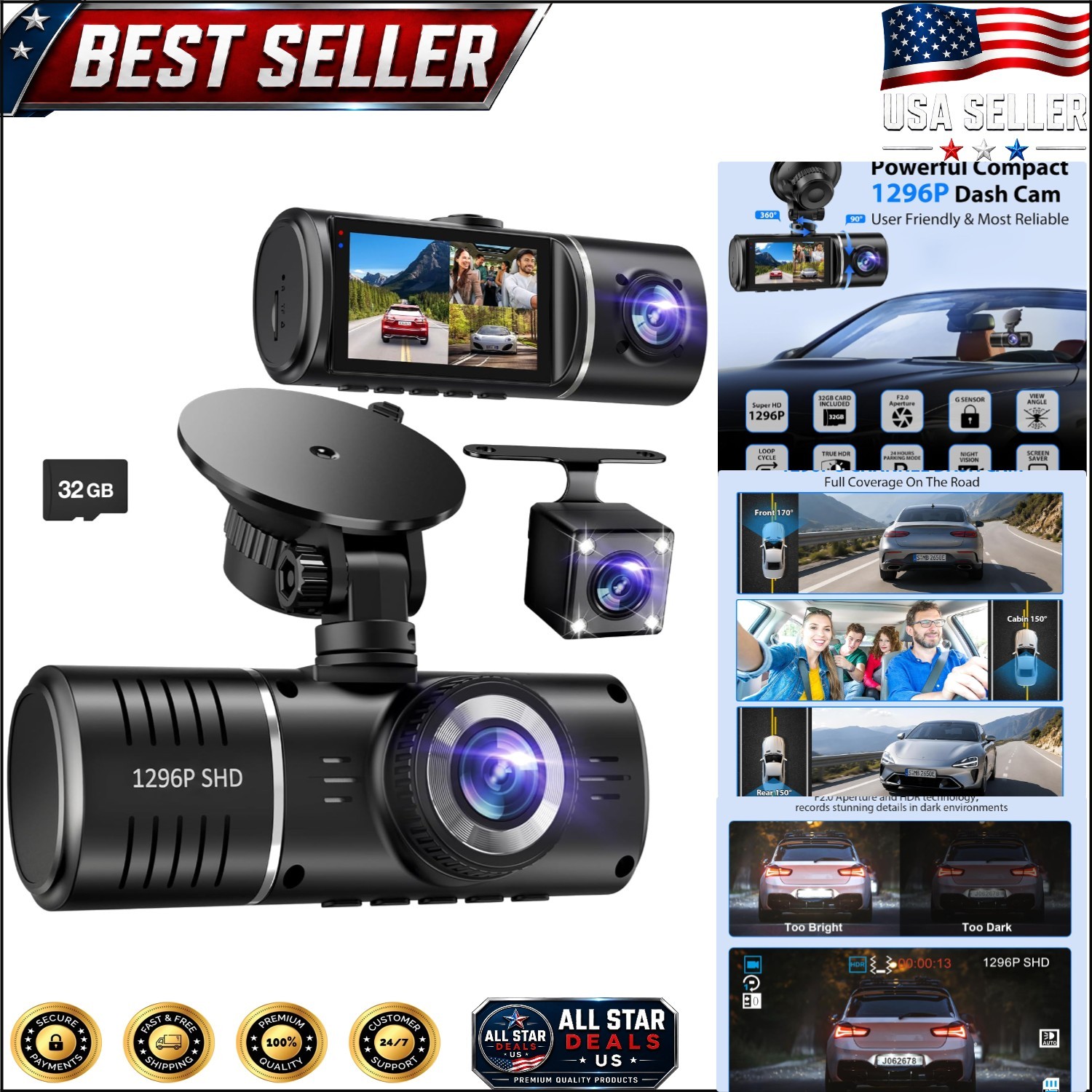 All-in-One 3-Channel Dash Cam for Cars: Broad Coverage & 24-Hour Monitoring