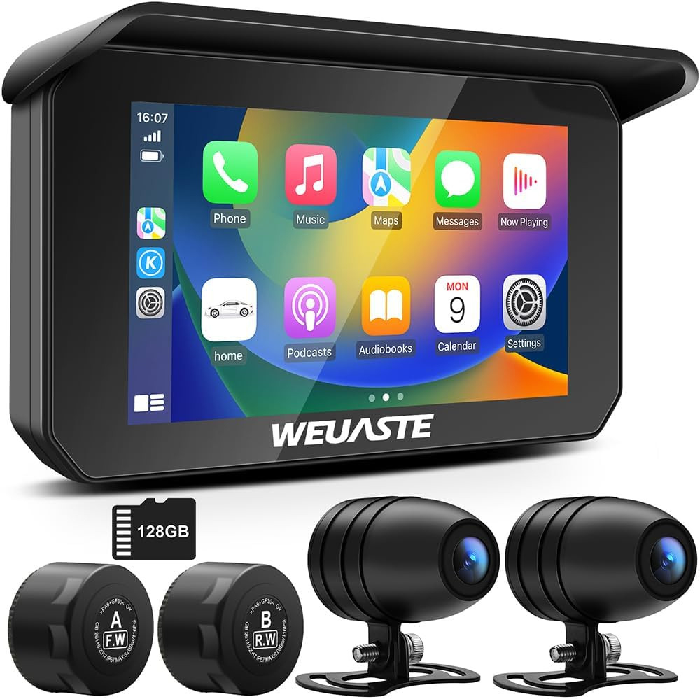 Motorcycle Carplay (Includes 128G SD Card) with Dual Cameras, TPMS, 5″ Wireless