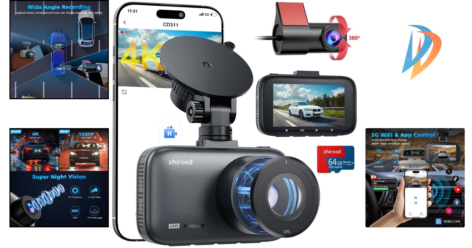 Smart 5GHz Wi-Fi Dual Dash Cam with 24/7 Parking Monitor & Loop Recording