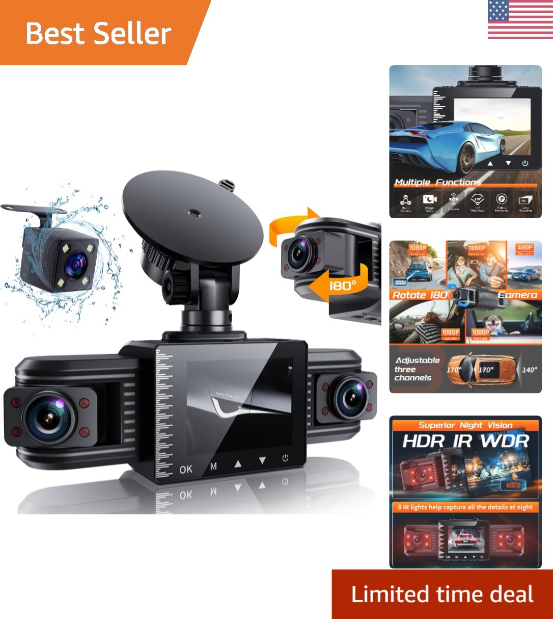 T1 Pro Dash Cam 3 Channel Front Rear Inside 1080P Triple Car Camera