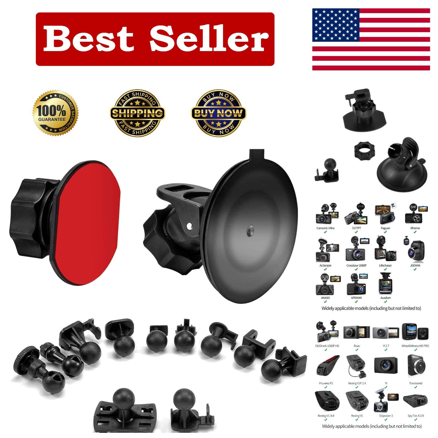 Dash Cam Suction Cup Mount and Glue Adhesive Mount Compatible with Dash Camera/D