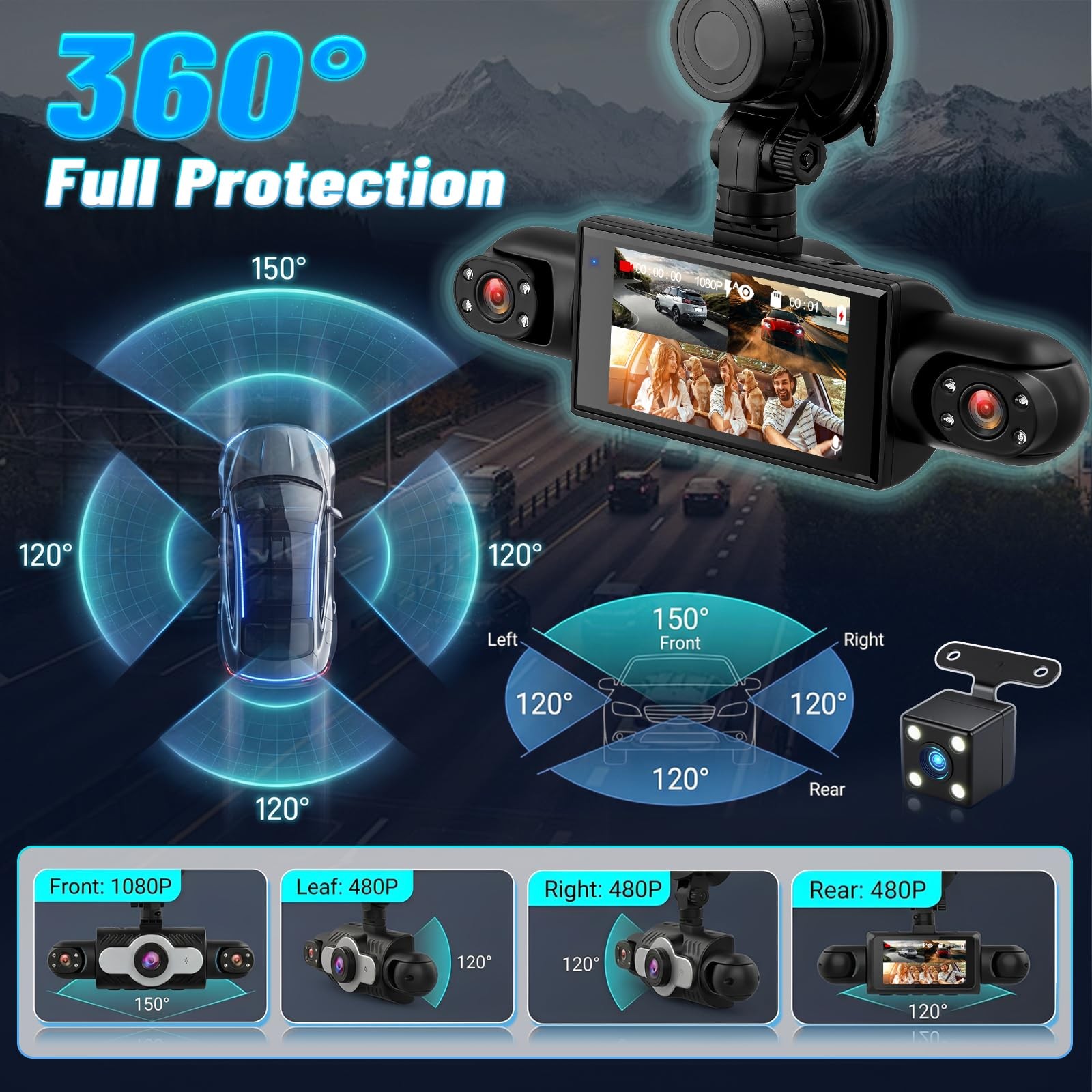 Volxcereo 4 Channel 360° Dash Cam 1080P Front and Rear, 3 Inch Left Right Scr…