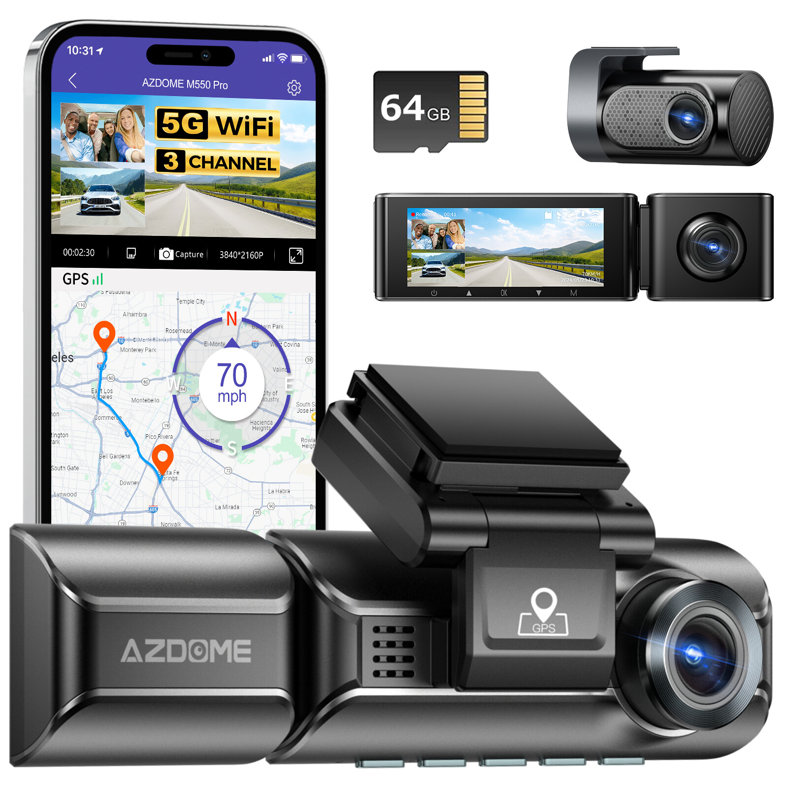 AZDOME 3 camera Dash Cam Parking Mode 3″ IPS for Car 5GHz WiFi GPS Dual 4K+1080P