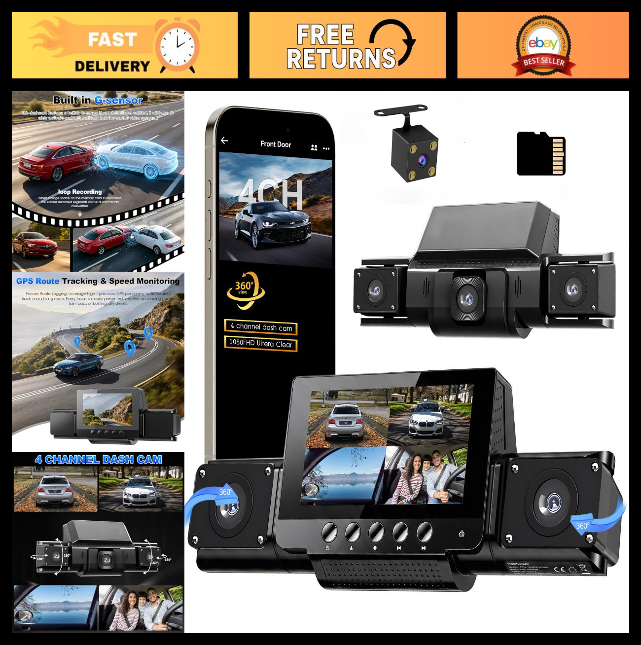 4-Channel 360° Dash Cam, 4-Way Recording, WiFi & GPS, Night Vision, 24H Monitor