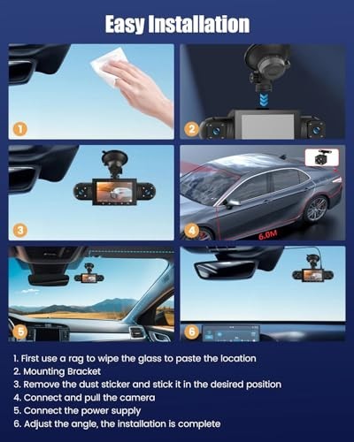 360° 1080P Dash Cam, 4 Channel Car Camera with Night Vision, G-Sensor, Loop Reco