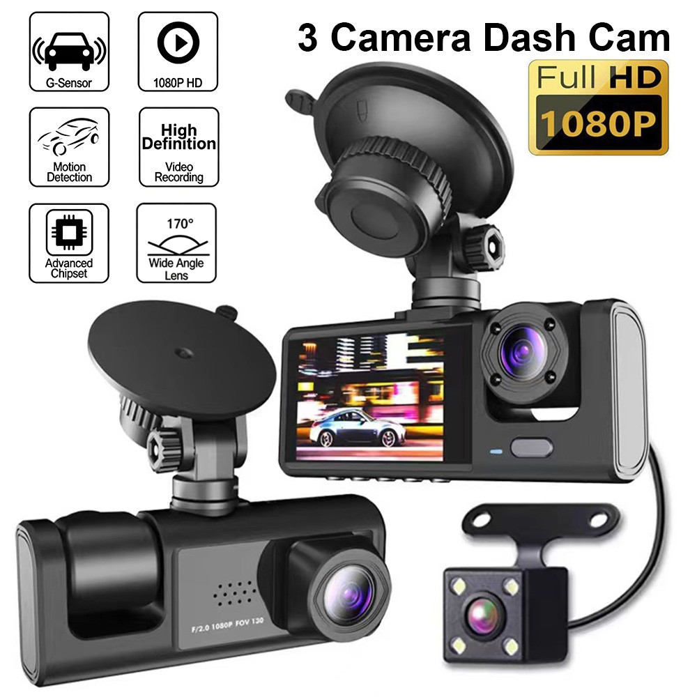 Car Dual Lens Dash Cam HD 1080P Front/Rear/Inside Video Recorder Camera G-Sensor